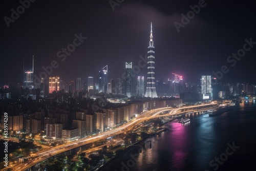 Busy night cityscape with skyscrapers and bright traffic., generative IA © JONATAS