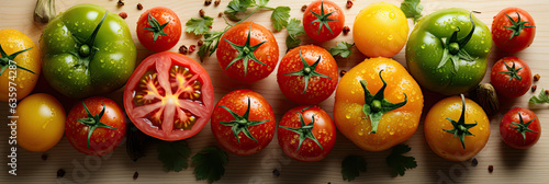 Colorful ripe Tomatoes mix with water drops, banner © Exclusive 
