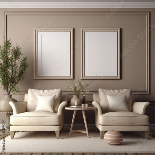 Modern interior of Empty wooden picture frame mockup hanging on wall background © Suwanlee