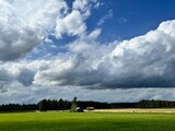 landscape with clouds, field and beautiful clouds, sunny peaceful day