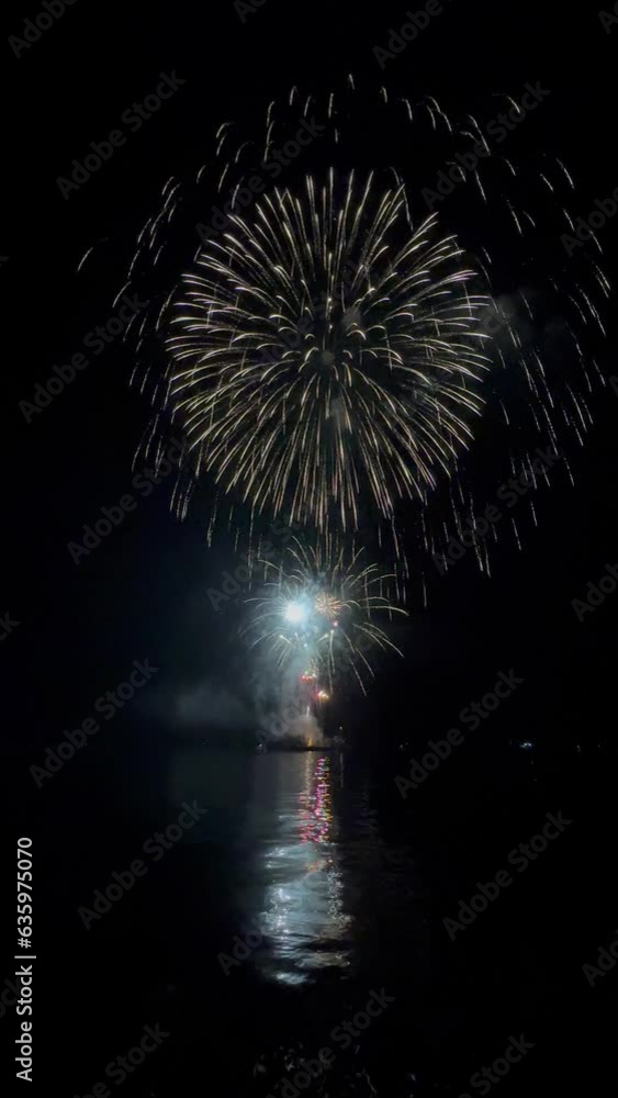 Distance Firework Background Vertical footage of fireworks glowing in a distance by a water front at ...