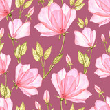 Watercolor transparent pink flowers pattern on pink background. Botanical art for poster, canvas, packaging design, prints, wallpaper, fabric, wrapping paper.