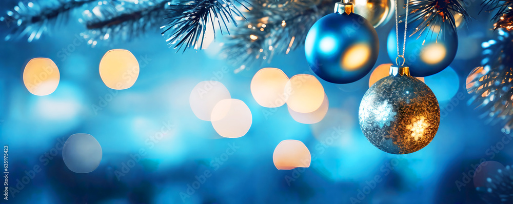 christmas decorations Blue and golden glitter In shiny defocused abstract background, blur Christmas lights christmas decorations Blue and golden glitter In shiny defocused abstract background, blur Christmas lights
