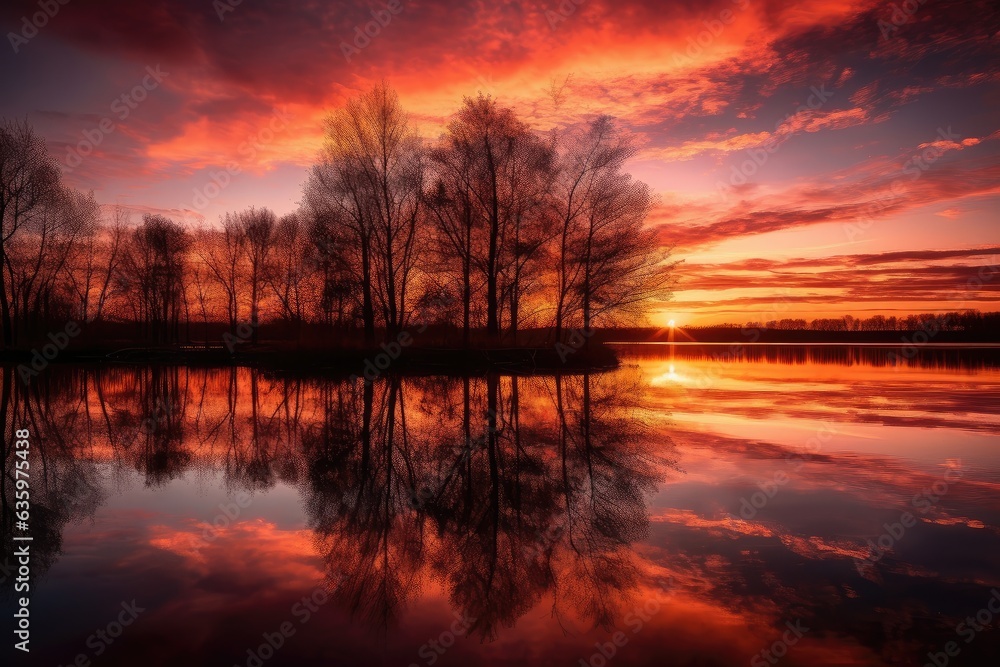 Sunset reflected in serene lake, trees in silhouette., generative IA