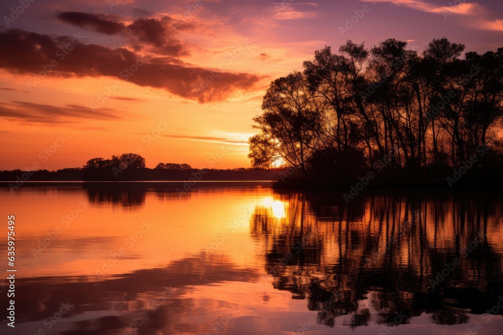 Sunset reflecting on serene lake, silhouettes of trees and sky in warm tones., generative IA