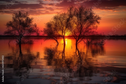 Sunset reflected in serene lake, trees in silhouette., generative IA © JONATAS