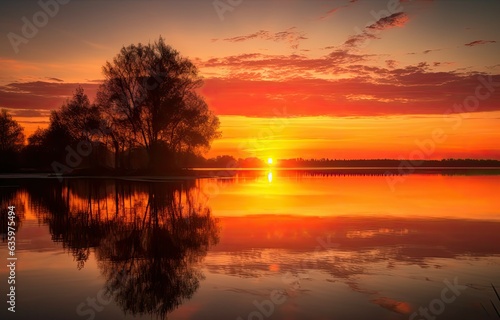 Sunset reflecting on serene lake, silhouettes of trees and sky in warm tones., generative IA © JONATAS
