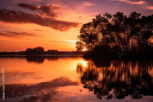 Sunset reflecting on serene lake  silhouettes of trees and sky in warm tones.  generative IA