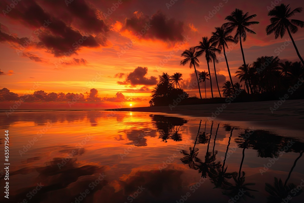 Sun sets over calm sea and palm trees, sky in warm tones., generative IA