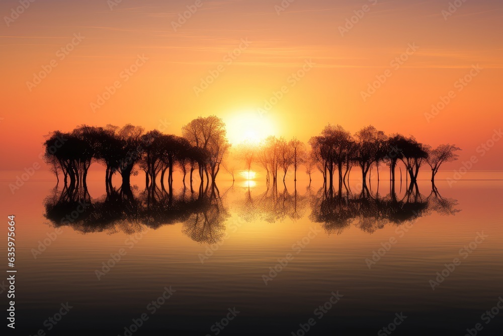 Sun setting over the tranquil sea, trees in silhouette., generative IA