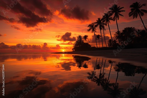 Sun sets over calm sea and palm trees, sky in warm tones., generative IA