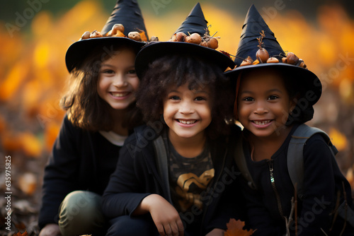 Happy children, wearing hallowing costume, smiling. Pumkings garden background. Group of toddlers in fluffy costume. Halloween, trick or treat concept. AI generative. photo