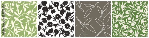 Set of four floral patterns with flowers and leaves in green and brown colors. Vector seamless floral prints