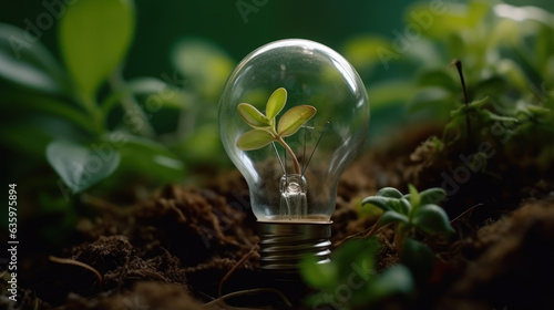 Eco friendly lightbulb with plants green background  Renewable and sustainable energy.