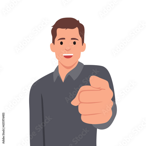Standing business man pointing with index finger at viewer. I want you gesture. Flat vector illustration isolated on white background