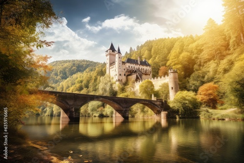 Ancient castle, serene lake, lush gardens and picturesque bridges., generative IA