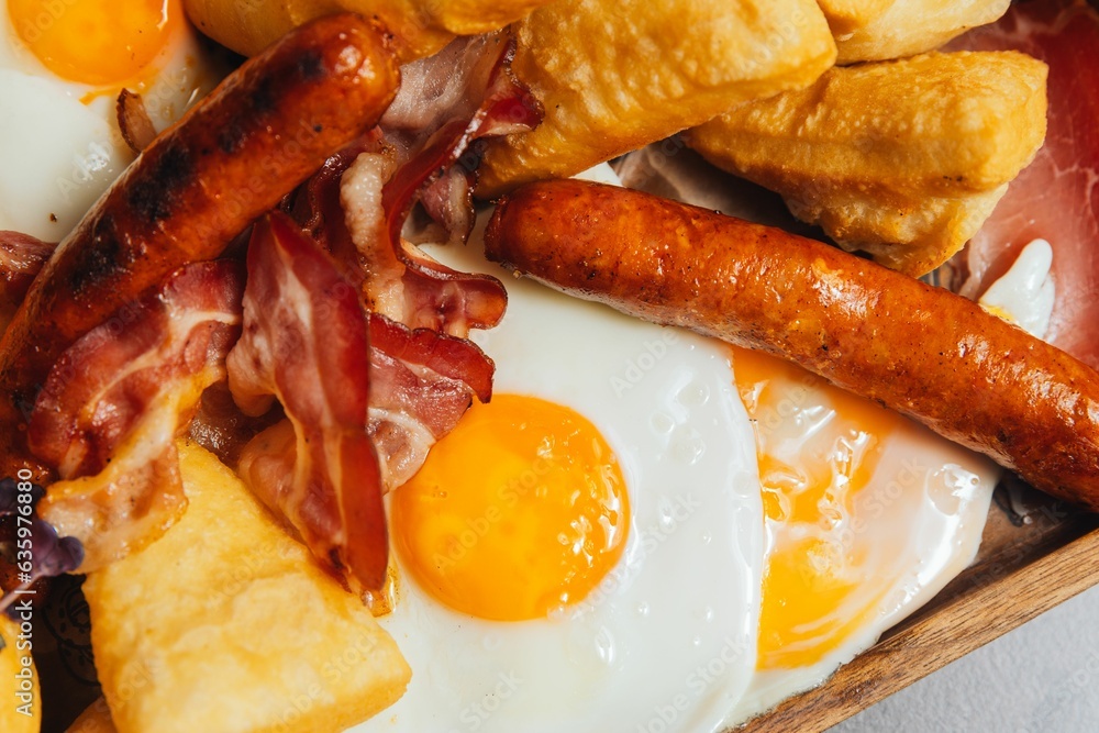 Closeup of a breakfast plate of fried eggs, bacon and sausages Closeup of a breakfast plate of fried eggs, bacon and sausages
