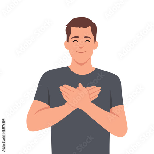Touched positive man holds his hands on his chest, expressing gratitude. Flat vector illustration isolated on white background