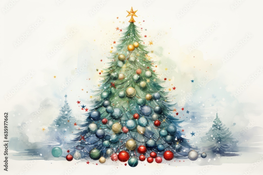 watercolor Christmas Tree With Baubles And Blurred Shiny Lights banner with text space 