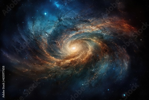 Spiral galaxy  dancing planets and nebulae in dazzling cosmic scene.  generative IA