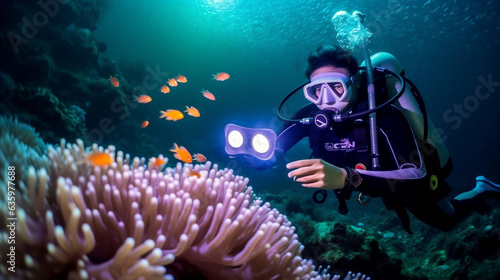 A diver with a camera and a strobe light photographing an anemone.