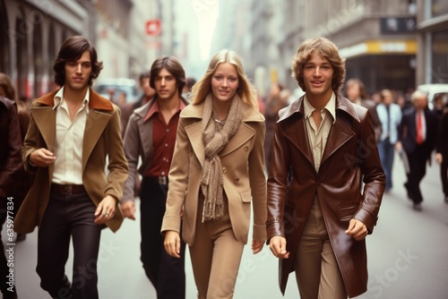 Group of friends walking in the street in traditional 1970s styled clothes Generative AI