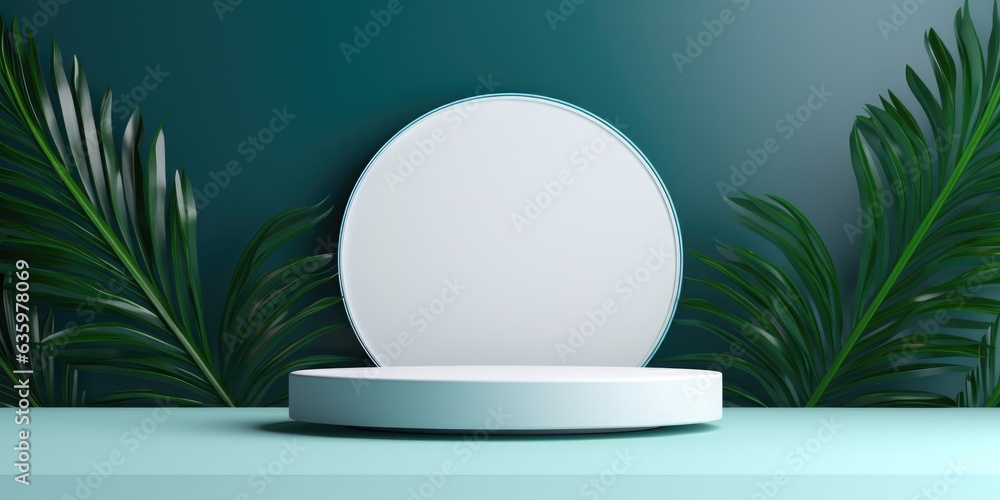 A round white plate with palm leaves, in the style of minimalist stage designs backdrops. There is space to place products. A round white plate with palm leaves, in the style of minimalist stage designs backdrops. There is space to place products.