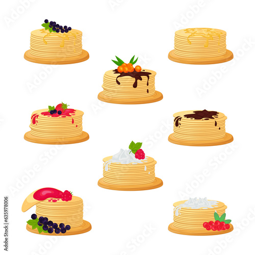 A stack of pancakes with berries, jam and chocolate. Vector set in the style of a cartoon