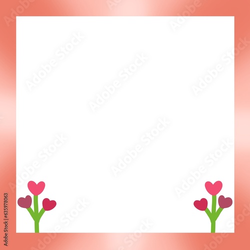 Pink square frame decorated with red heart-shaped flowers  white background.