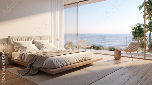 Bedroom has a big window overlooking the ocean and tranquil serenity. © Goojournoon