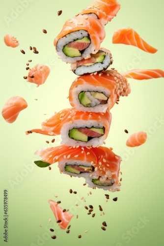 Flying Chinese food, rolls and sushi. Creative Food Shot