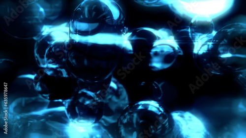 electric blue lighting limpid glass meta spheres on black - abstract 3D rendering