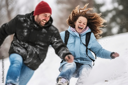 Exhilarating winter scene of joyful couple sledding down snowy hill, basking in cool colors and adventurous outdoors.