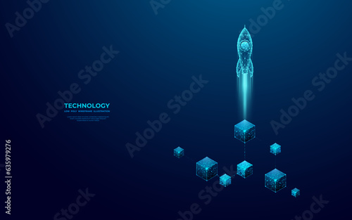 Abstract digital rocket launch over linked blocks on blue technology background. Futuristic cryptocurrency concept. Low poly wireframe vector illustration. Spaceship in polygonal modern style.