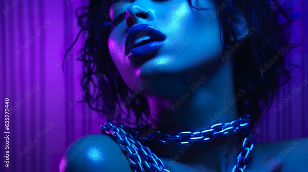 beautiful seductive female in chains, in style of purple and blue, bdsm and role playing games concept, generative AI beautiful seductive female in chains, in style of purple and blue, bdsm and role playing games concept, generative AI