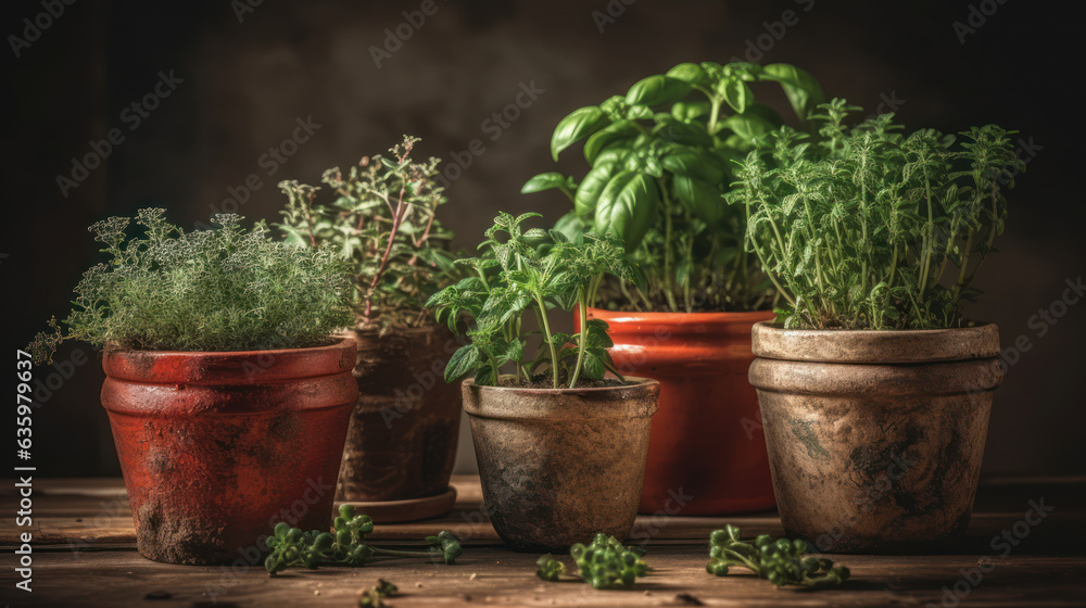 Fresh garden herbs in pots. 