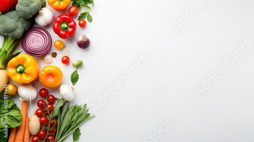  a variety of vegetables laid out on a white surface with space for text. generative ai