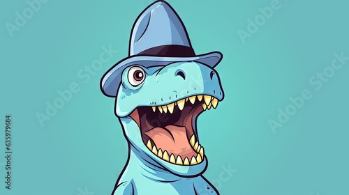  a cartoon dinosaur wearing a hat with its mouth wide open. generative ai