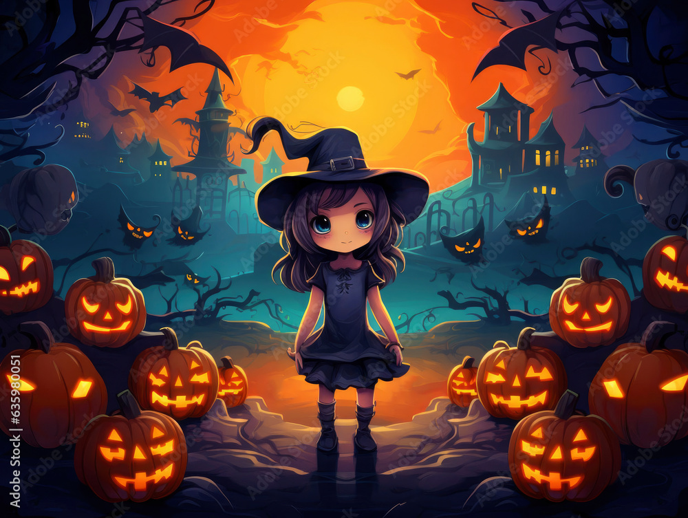 Halloween background with cute witch and pumpkins Halloween background with cute witch and pumpkins
