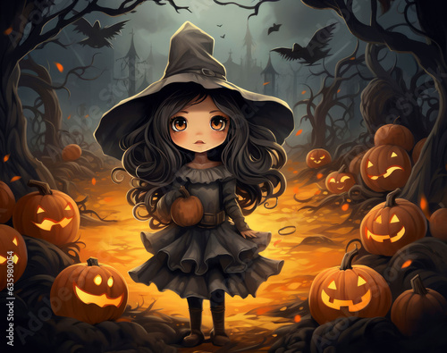 Halloween background with cute witch and pumpkins 