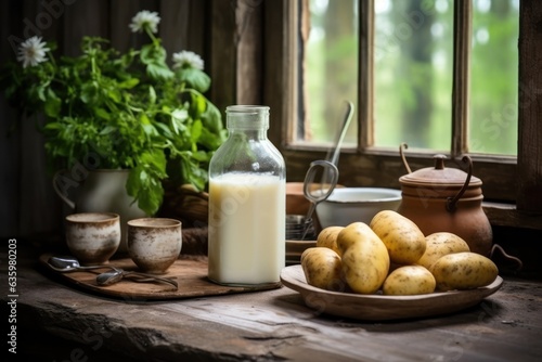Milk from potatoes on the table in a cozy kitchen. Trend in food, health benefits