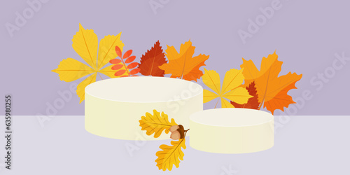vector cylindrical podium with autumn leaves. light purple background.