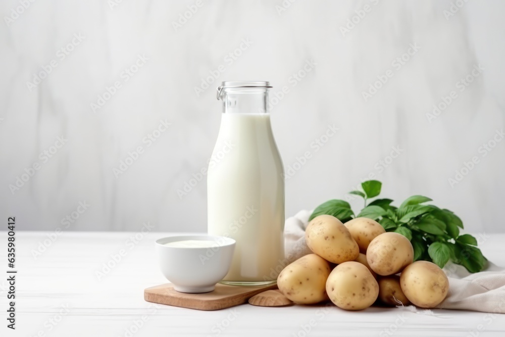 Milk from potatoes on the table. Trend in food, health benefits Milk from potatoes on the table. Trend in food, health benefits