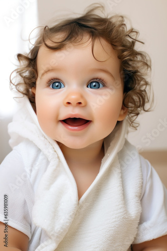 Fotobehang portrait d'un bébé aux yeux bleus en gros plans sur fond blanc à la sortie du ba