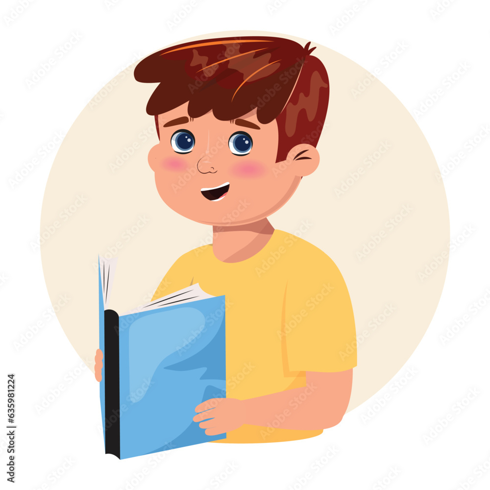 Boy holding a blue book. Vector cartoon illustration