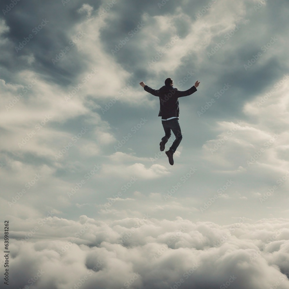 Limitless Joy: A Man Embracing Freedom, Defying Gravity as He Leaps Above Boundless Clouds Limitless Joy: A Man Embracing Freedom, Defying Gravity as He Leaps Above Boundless Clouds
