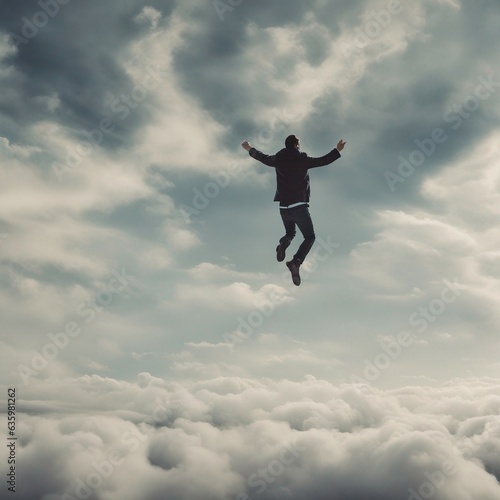Limitless Joy: A Man Embracing Freedom, Defying Gravity as He Leaps Above Boundless Clouds