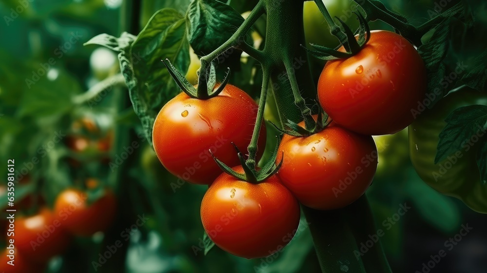 Ripe cherry tomatoes on a twig. Vegetarian, vegan or raw food. Wet whole tomatos arranged. Nature background. Illustration for banner, poster, cover, brochure, advertising, marketing or presentation.