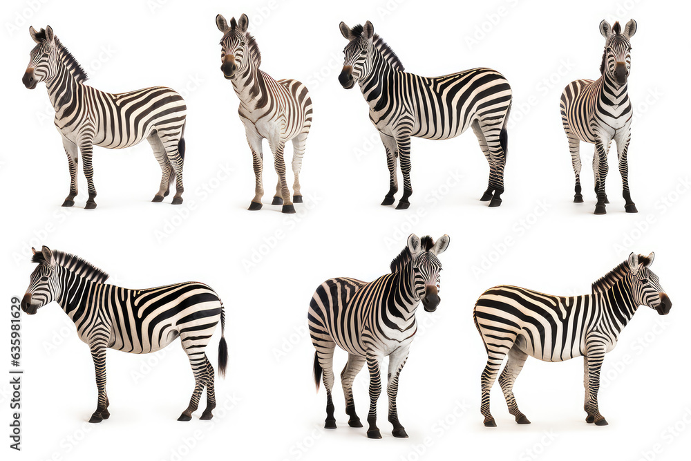 Fototapeta premium Photography set of africa zebras are shown in a variety of poses - Collection of standing, sitting, lying, isolated on white background