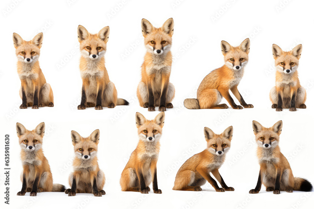 Photography set of africa Fox are shown in a variety of poses - Collection of standing, sitting, lying, isolated on white background Photography set of africa Fox are shown in a variety of poses - Collection of standing, sitting, lying, isolated on white background